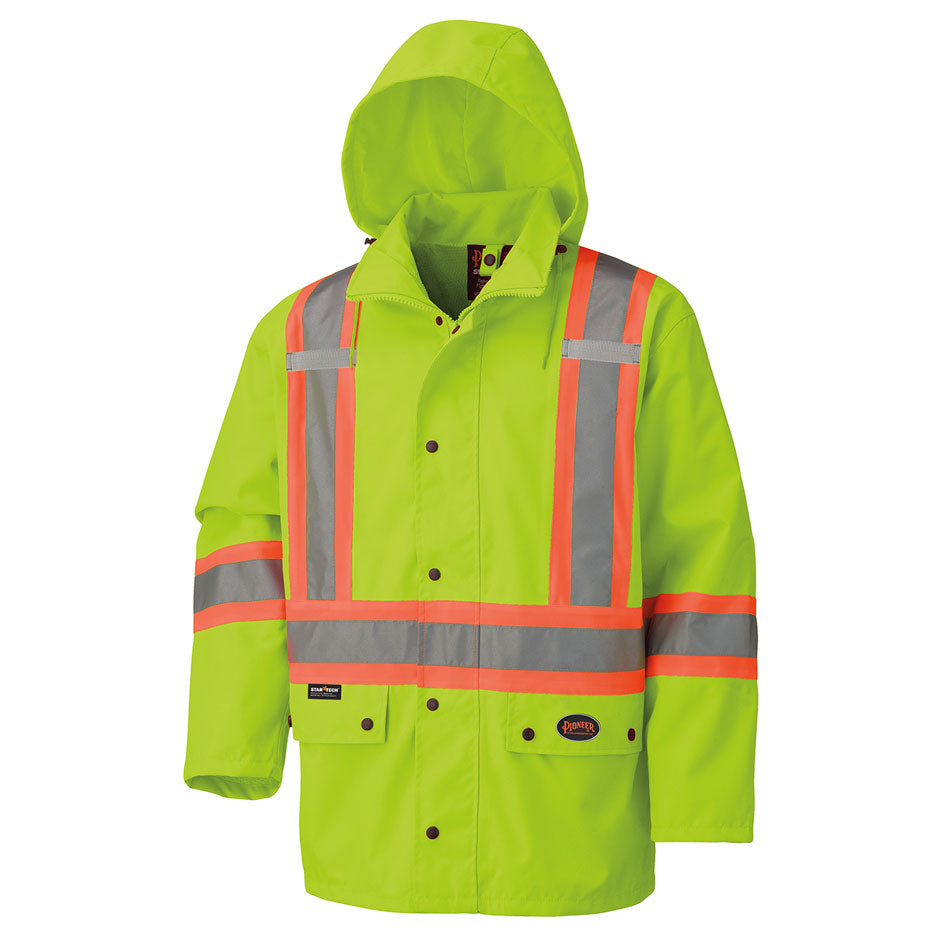 Pioneer 5585A Hi-Viz Waterproof Safety Jacket - 450D Oxford Poly with PU Backing - Detachable Hood - Hi-Viz Yellow/Green