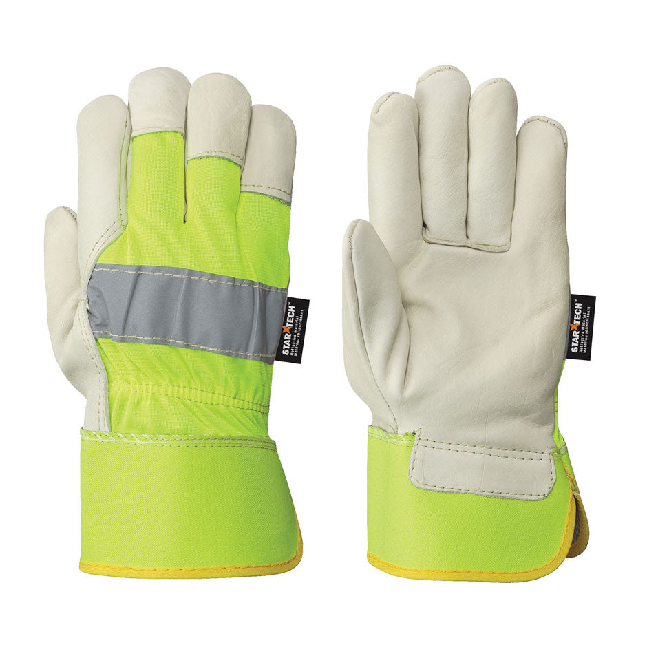 Hi-Viz Fitter’s Cowgrain Gloves - 1-Piece Palm - Hi-Viz Yellow/Green Back - 10 Dozen