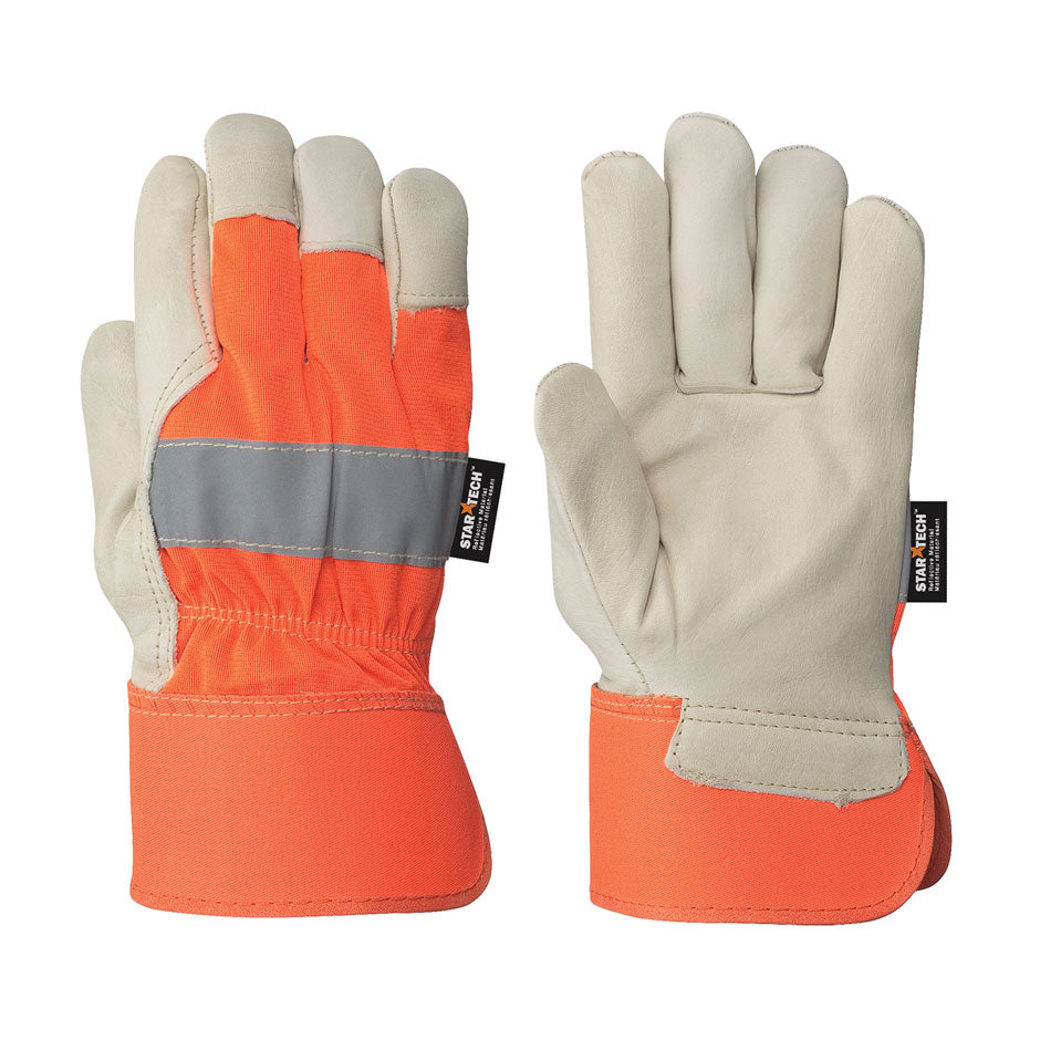 Hi-Viz Fitter’s Cowgrain Gloves - 1-Piece Palm - Hi-Viz Orange Back - 10 Dozen
