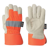 Hi-Viz Fitter’s Cowgrain Gloves - 1-Piece Palm - Hi-Viz Orange Back - Dz
