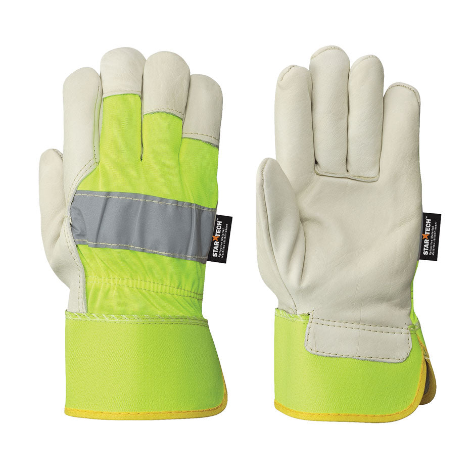 Hi-Viz Fitter’s Cowgrain Gloves - 1-Piece Palm - Hi-Viz Yellow/Green Back - Dz