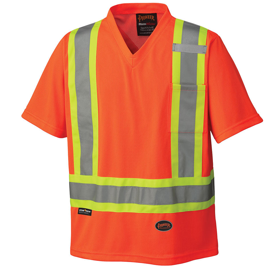 Pioneer 6979 Hi-Viz Safety V-Neck T-Shirt - Micro Mesh - Hi-Viz Orange