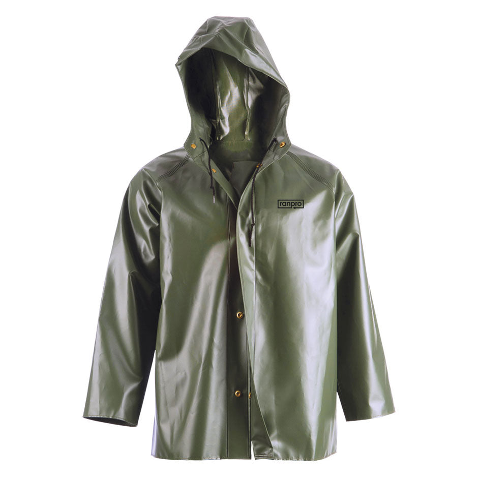 Canadian Waterproof Hooded Rain Jacket - PVC Coated Poly - Olive Green